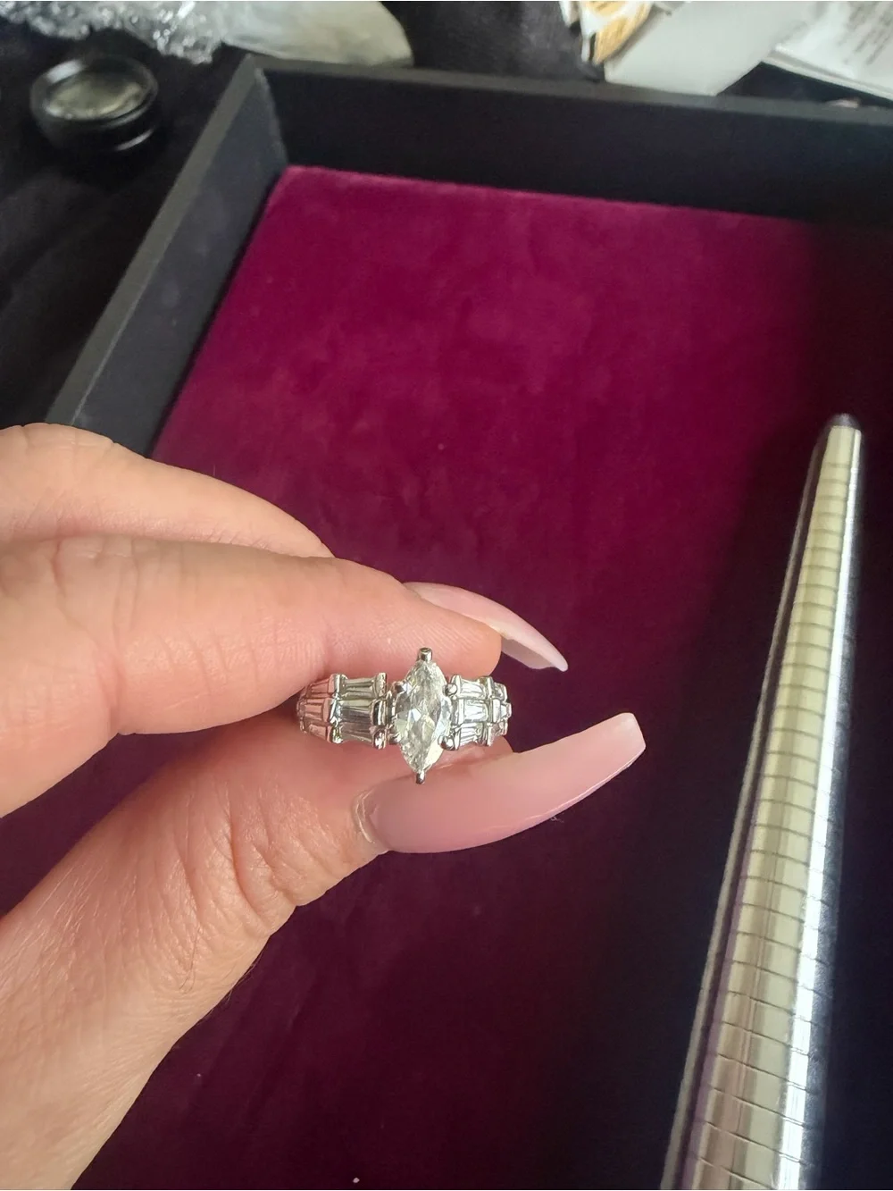 Marquise-Cut Silver Ring with Clear Center Stone - White